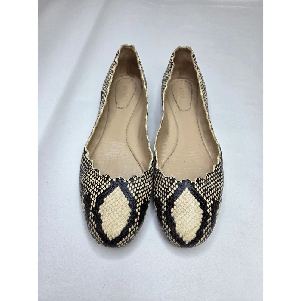 Chloé Lauren Snakeskin Scalloped Ballet Flats Brown Cream EU 37 US 7